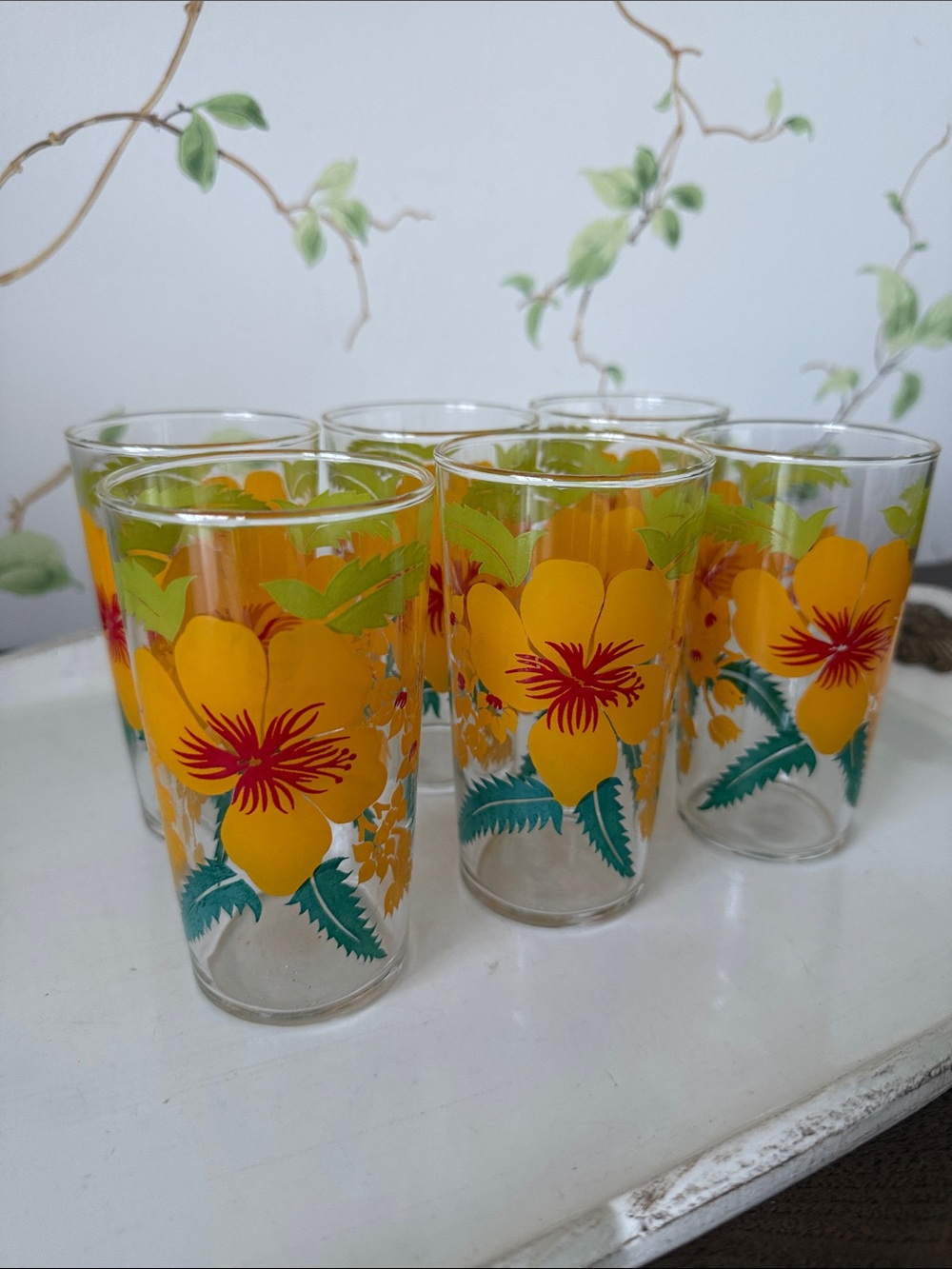 Mid Century Hibiscus Glass Tumblers - Boscul Peanut Butter Jar - Set of 6